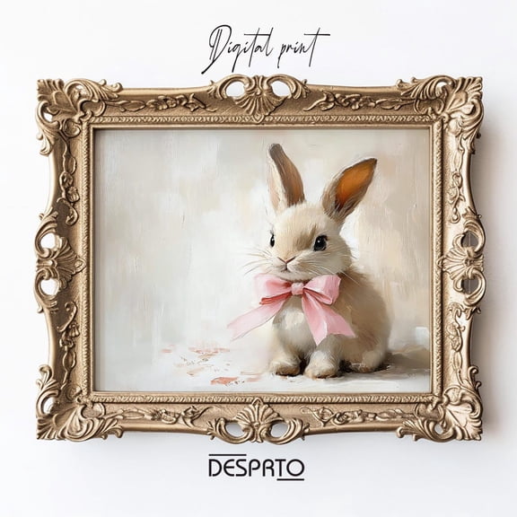 Egg Day Rabbit Pink Bow Print, Spring Bunny Bow Cottagecore Print, Egg Day Wall Art Painting, Rustic Print Vintage Poster, Nursery Decor UNFRAMED PAPER POSTER, Home Decor, Vintage Gift