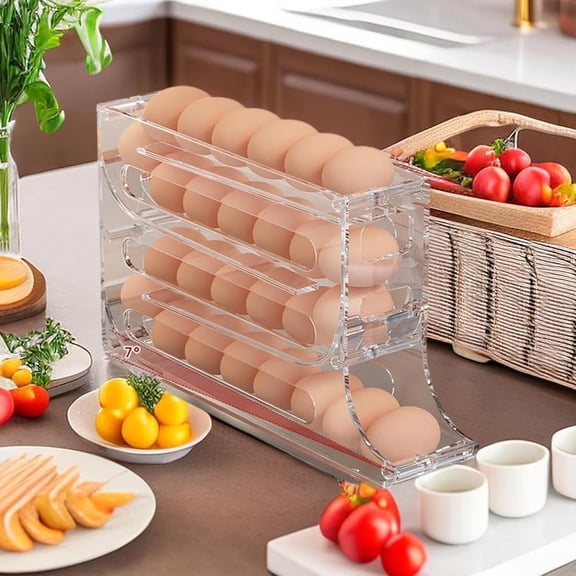 BITOUSHI Egg Dispenser Automatic Rolling Egg Tray Organizer, Space Saving Refrigerator Egg Roller, Holds 28 Eggs Simultaneously,for Refrigerator, Kitchen,Cabinets,and Dining Table (Transparent)