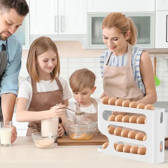 Egg Dispenser for Refrigerator, 4-Tier Rolling Egg Holder for Fridge, Holds 2428 Eggs, Space-Saving Stackable Egg Organizer Tray, BPA-Free Plastic (White)