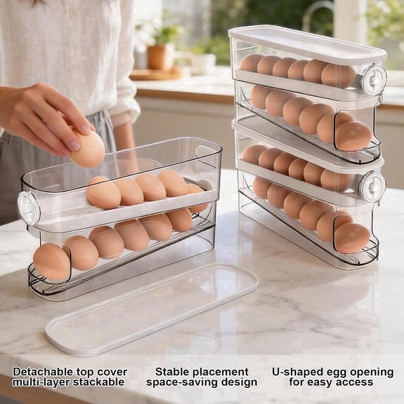 Egg Dispenser for Refrigerator Automatic Rolling,Organizer with Timer Freshness, Covered Dispenser Holds 12 Large Eggs , for Refrigerator, Kitchen, Cabinet & Desktop