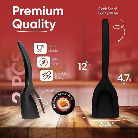 Egg Flipper Spatula Tongs Set of 2 PCS - 2 in 1 Grip and Flip Spatula Tong Use Non-Stick Kitchen Flipper Spatula For Bread Fish Pancake Toast Home Kitchen Cooking Tool (Black + Black)