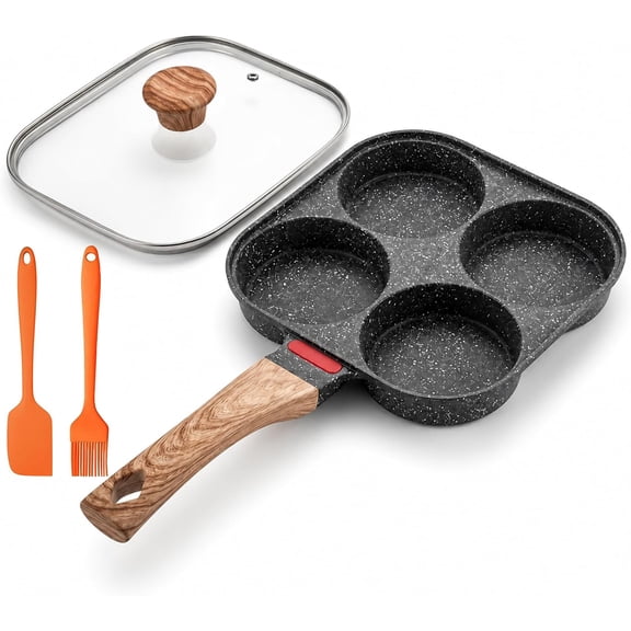 Egg Frying Pan with Lid, Fried Egg Pan Nonstick 4 Cups Pancake Pan with Silicone Spatula & Brush, Non-Stick Coating with cover