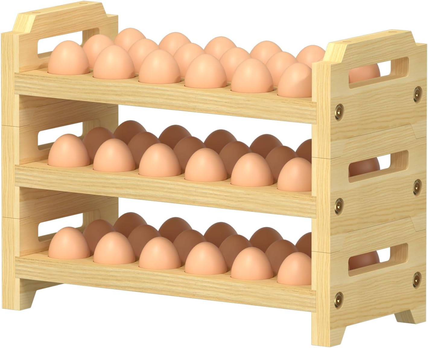Egg Holder Countertop, 3-Tier Stackable Wooden Egg Holder for 54 Eggs, Space Saving Countertop Organizer, Multi-Size Egg Storage Rack for Chicken Duck Turkey Quail Eggs, Natural