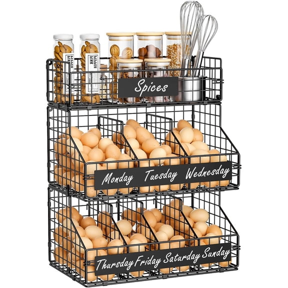 Egg Holder Countertop with Dividers & DIY Nameplate to Separate Eggs, Stackable Wire Storage Baskets for Gathering Fresh Eggs, Large Egg Rack, Wall-Mounted
