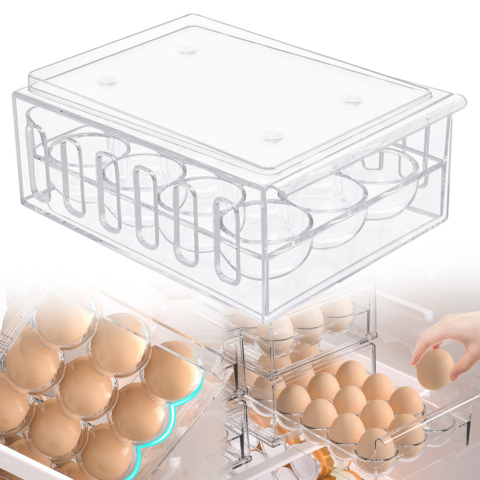 Egg Holder, Egg Storage Drawer with Removable Lid, Clear Plastic Egg Holder for Fridge, Egg Storage Container Organizer Bin, Transparent Egg Tray for Refrigerator, Egg Container Box,22.2*17.3cm