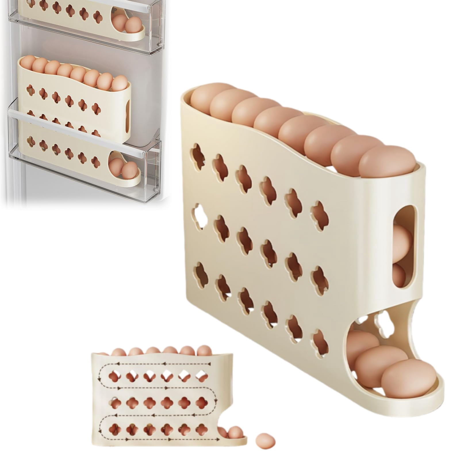 Egg Holder for Fridge, 2026 Eggs Dispenser Auto Rolling, No Assembly Required Easy Access, Save Refrigerator Space, And Prevent Egg from Breaking, Large Capacity / Holds 30 Eggs (Beige)