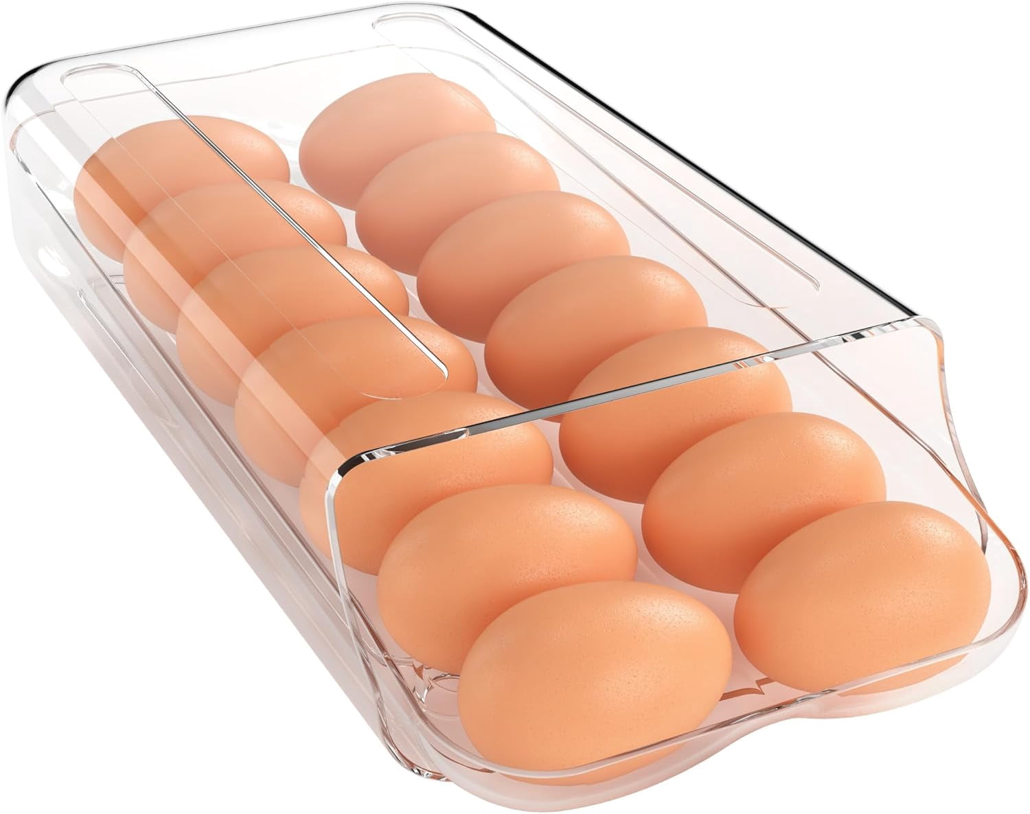 Egg Holder for Fridge, Automatic Rolling Egg Container for Refrigerator, Clear Plastic Egg Dispenser, Stackable Eggs Organizer with Quick Removable inner Tray For Organizers and Storage, 1Pack