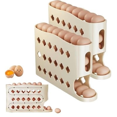 Egg Holder for Fridge, Eggs Dispenser Auto Rolling for 30 Eggs, Space-Saving Egg Organizer Storage Container Tray for Countertop Refrigerator （Yellow, 2PC)