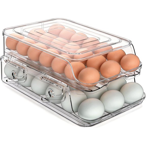 Egg Holder for Fridge, Foldable Automatic Rolling Egg Container for Refrigerator, A Space-Saving Foldable Egg Storage Box That Can Be Easily Disassembled and Cleaned, Clear Plastic Egg Dispenser
