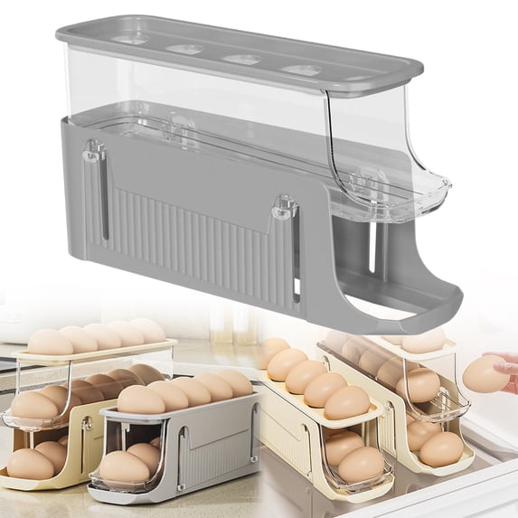 Egg Holder for Fridge, Layer Expandable Egg Holder with Side Slots, Automatic Rolling Egg Container for Refrigerator, Fridge Organizers and Storage with Lid, Clear Plastic Egg Dispenser & Tray, Gray