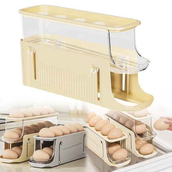 Egg Holder for Fridge, Layer Expandable Egg Holder with Side Slots, Automatic Rolling Egg Container for Refrigerator, Fridge Organizers and Storage with Lid, Clear Plastic Egg Dispenser & Tray, Beige