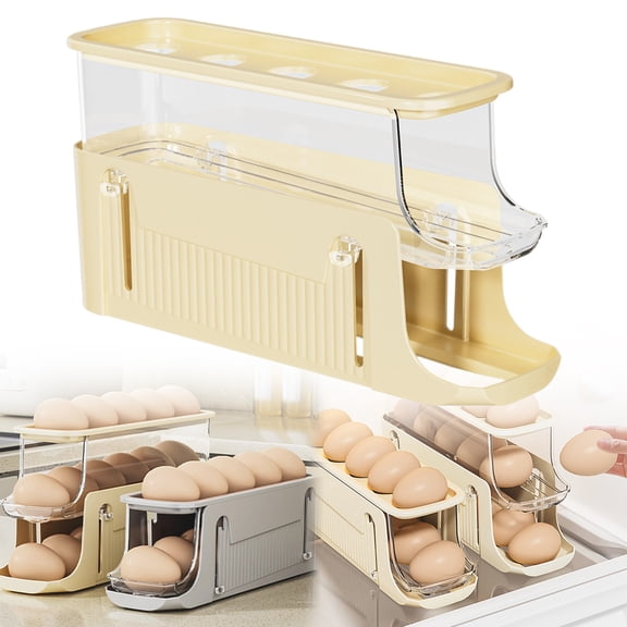 Egg Holder for Fridge, Layer Expandable Egg Holder with Side Slots, Automatic Rolling Egg Container for Refrigerator, Fridge Organizers and Storage with Lid, Clear Plastic Egg Dispenser & Tray, Beige