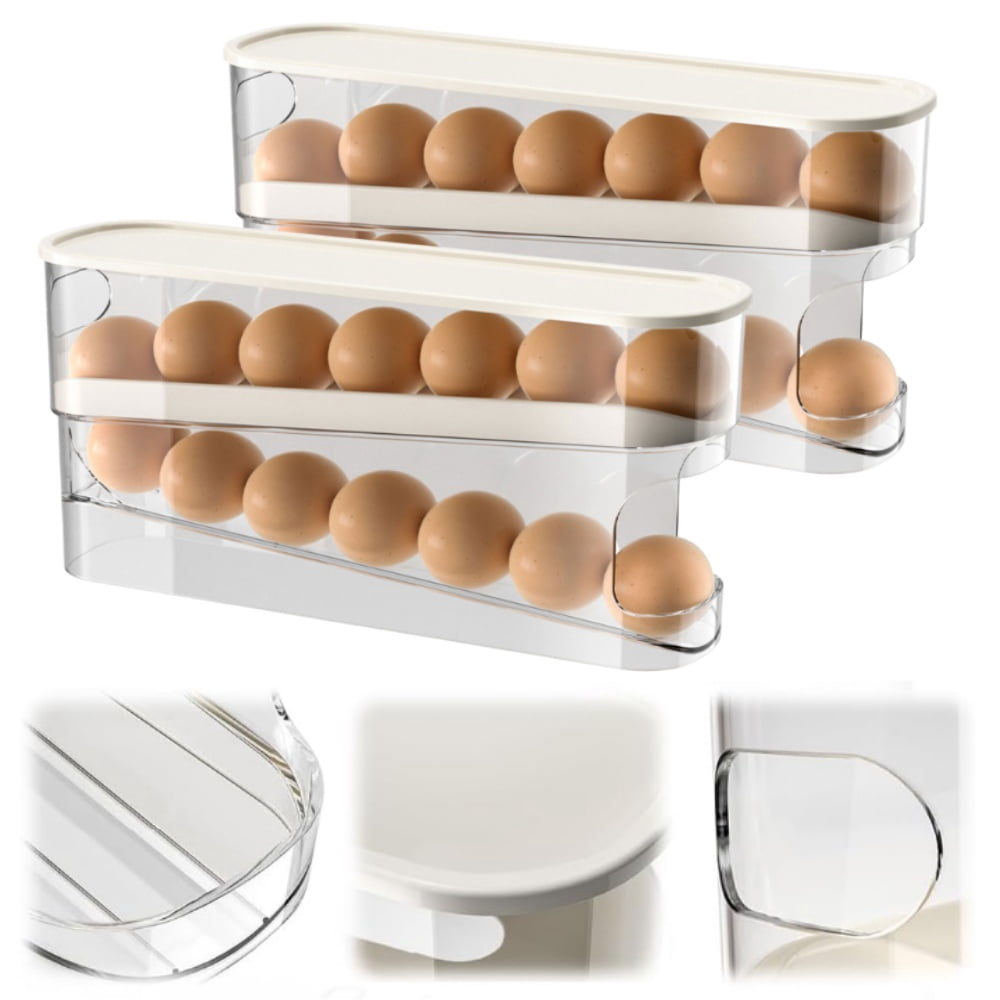 Egg Holder for Fridge Stackable,2025 New Egg Organizer for Refrigerator Automatic Scrolling Egg Rack Holder Rolling Dispenser Stackable Container and Storage for Refrigerator with Lid