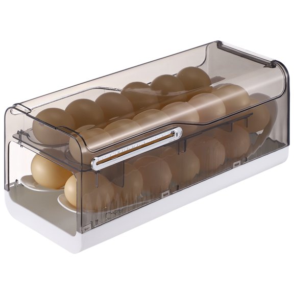 Egg Holder with Lid, Double Layer Egg Rolling Dispenser, 12.6 x 5.7 x 5.5 in Fridge Organisers with Gravity Feed Slanted Track for Refrigerator Countertop Kitchen Cabinet Pantry