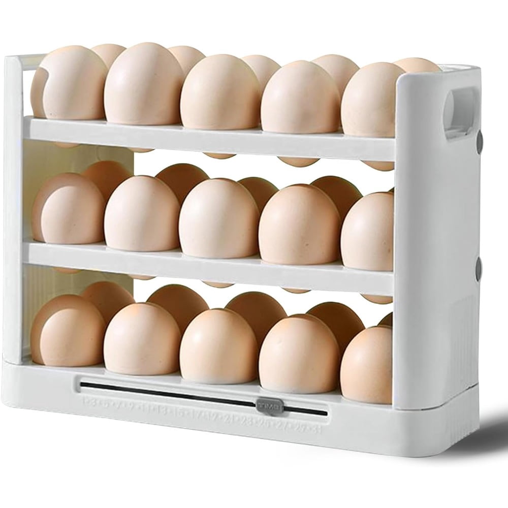 Egg Holder for Refrigerator, 30 Grid Egg Tray for Refrigerator 3 Layer Organizer Bins Reusable Egg Container for Refrigerator Side Door Plastic Egg Carton