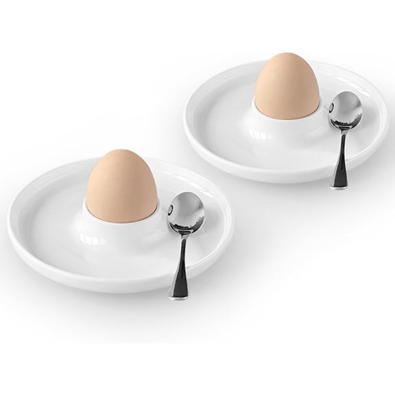 Egg Holder & Spoon Set, Ceramic Egg Holders with Stainless Steel Spoons, White Breakfast Plate, Food Container for Hard Boiled Eggs, Easter and Desserts