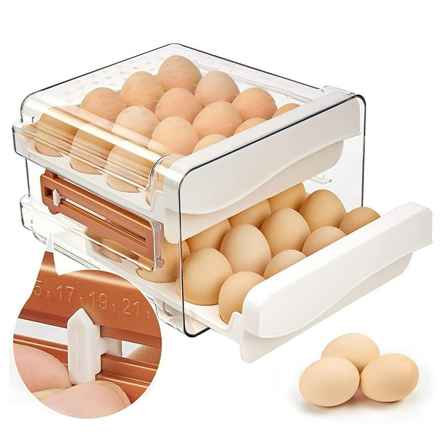 Fridge Egg Holder, 32Grid Storage Container with Time Scale, 2Layer