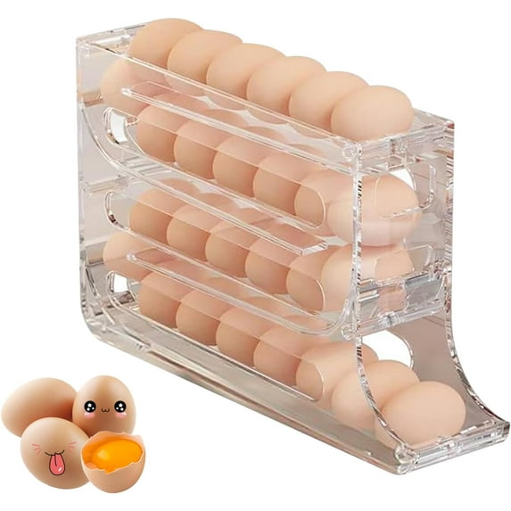 Egg Holder for Fridge, Space Saving Fridge Egg Organizer, 4 Layers Rolling Egg Dispenser Storage 30 Egg, Egg Dispenser for Refrigerator (Transparent)