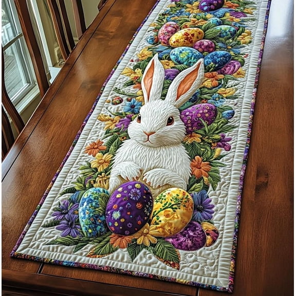 Egg Hunt Bunny Quilted Table Runner, Happy Easter's Day Quilted Table Decor, Easter Table Runner for Dining Table, Easter's Day Gift