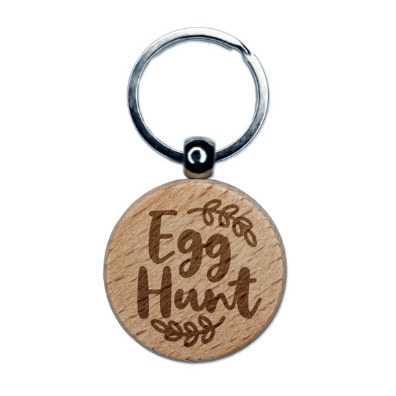 Egg Hunt Easter Sunday Cursive Text with Wreath Round Keychain Charm Tag - Engraved Wood