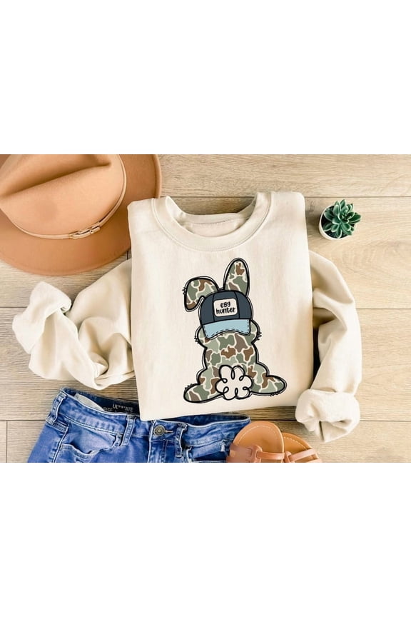 Egg Hunter Camo Easter Sweatshirt for Kids, Toddler Bunny Pullover, Easter Day Camo Outfit, Cute Spring Shirt for Boys and Girls
