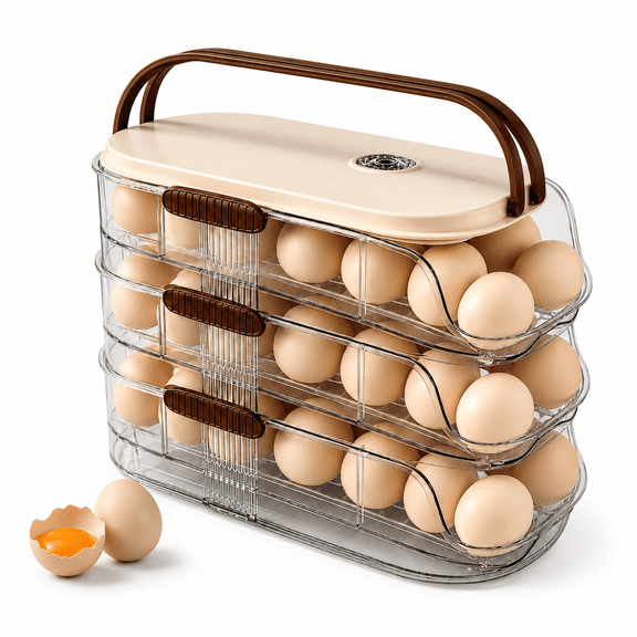 Egg Organizer for Refrigerator, 3-Tier Rolling Dispenser 42 Eggs | Egg Holder for Fridge with Lid, Handle, Timer Tracker, Stackable BPA-Free Countertop Storage, Beige and Brown