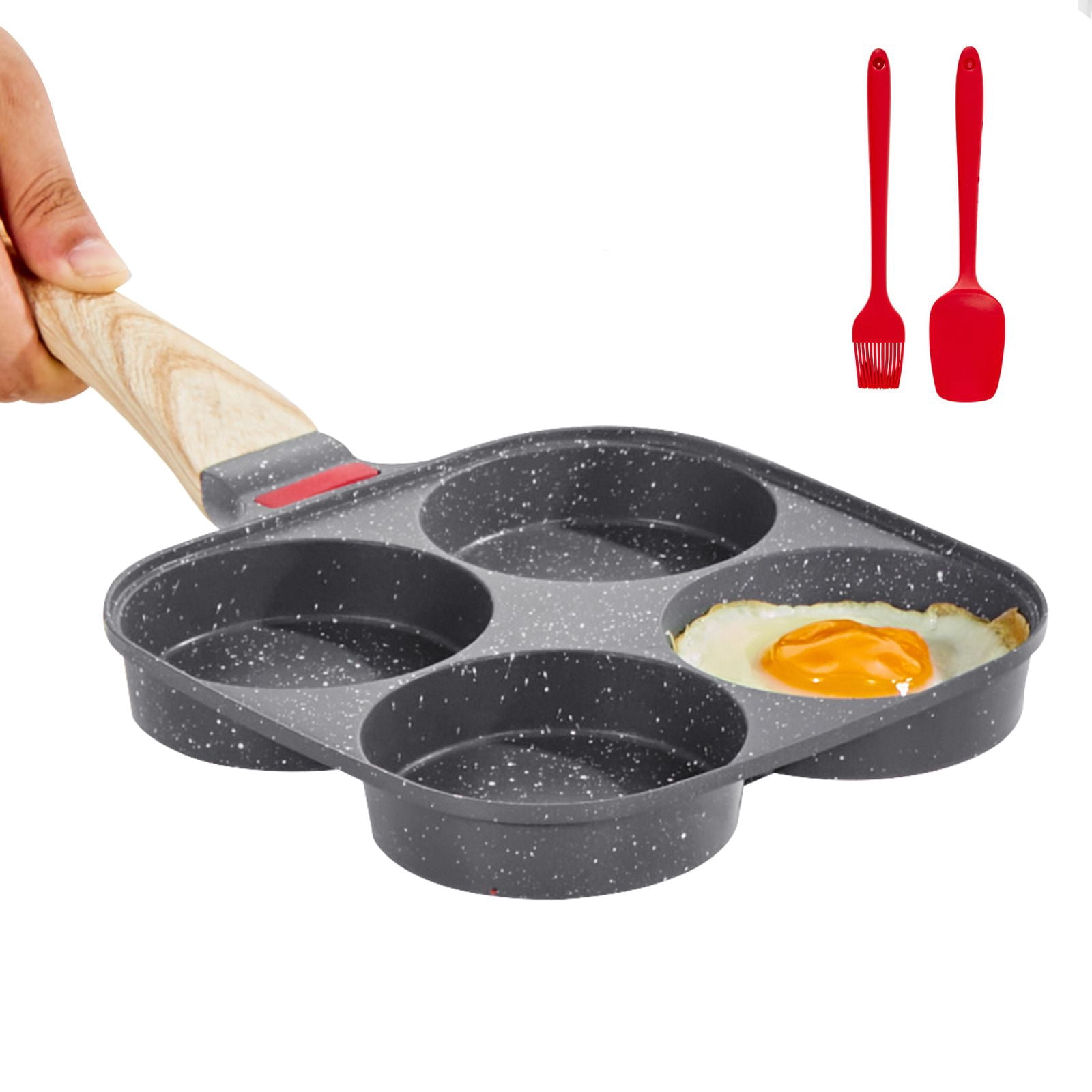Egg Pan, 4-Cup Nonstick Egg Frying Pan, Aluminum Breakfast Omelette Skillet for Pancakes, Hamburgers, Sandwiches, with Lid, Oil Brush, Scraper, Compatible with Gas Stove & Induction Cookware