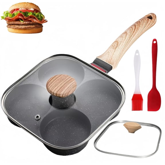 Egg Pan With Lid 4-Cup Nonstick, and Granite Egg Frying Pan, Versatile Breakfast Skillet for Eggs, Pancakes, Plett, Crepes, Compatible with Gas Stove and Induction Cooktop