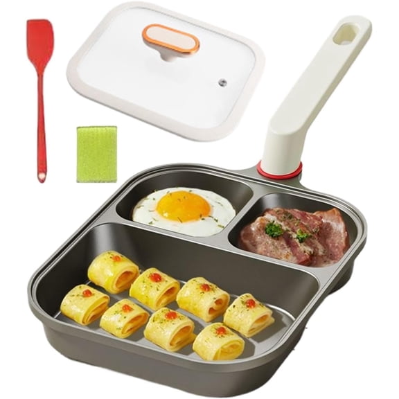Egg Pans Nonstick, 3 Compartments Skillet Divided Titanium Pan with Lid and Silicone Spatula for Egg Meal Prep Breakfast Cookingblack