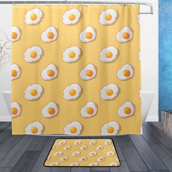 Egg Pixel Style Bathroom Accessory Sets Waterproof Shower Curtain with Absorbent Non-Slip Rug