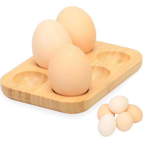 Egg Platter, Bamboo Wooden Deviled Egg Serving Tray for Kitchen Countertop, Small Boiled Egg Holder with 6 Grid for Fridge, Easter Decorative Egg Stand Plate for Restaurant Tabletop