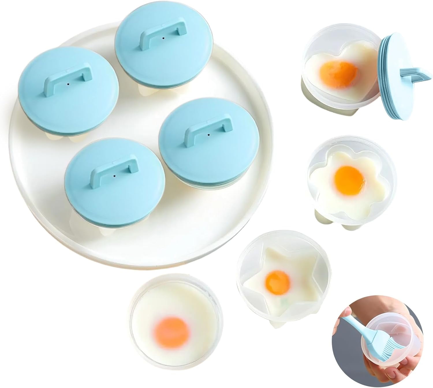 Egg Poacher Cups with Lid and Oil Brush, Reusable Nonstick Egg Molds, Blue