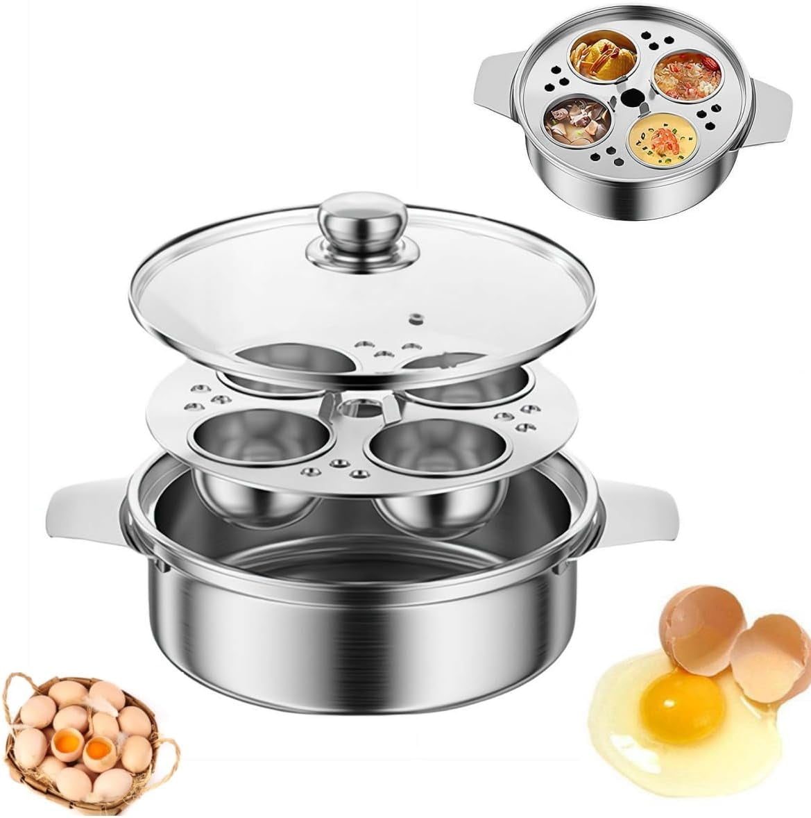 Egg Poacher Pan with 4 Cups, Stainless Steel Egg Poaching Pan, Poached Eggs Cooker, Eggs Cooker with Glass Lid and Heat Resistant Handle, Multifunctional Poacher Pans for Breakfast