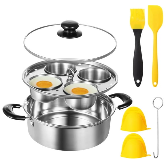 Egg Poacher Pan Kit, Includes Stainless Steel Pot, 4 Cups, Silicone Brush & Spatula, Rust-less Egg Cooker, Poached Egg Maker, Suitable for Multiple Stove Types, Easy Cleaning