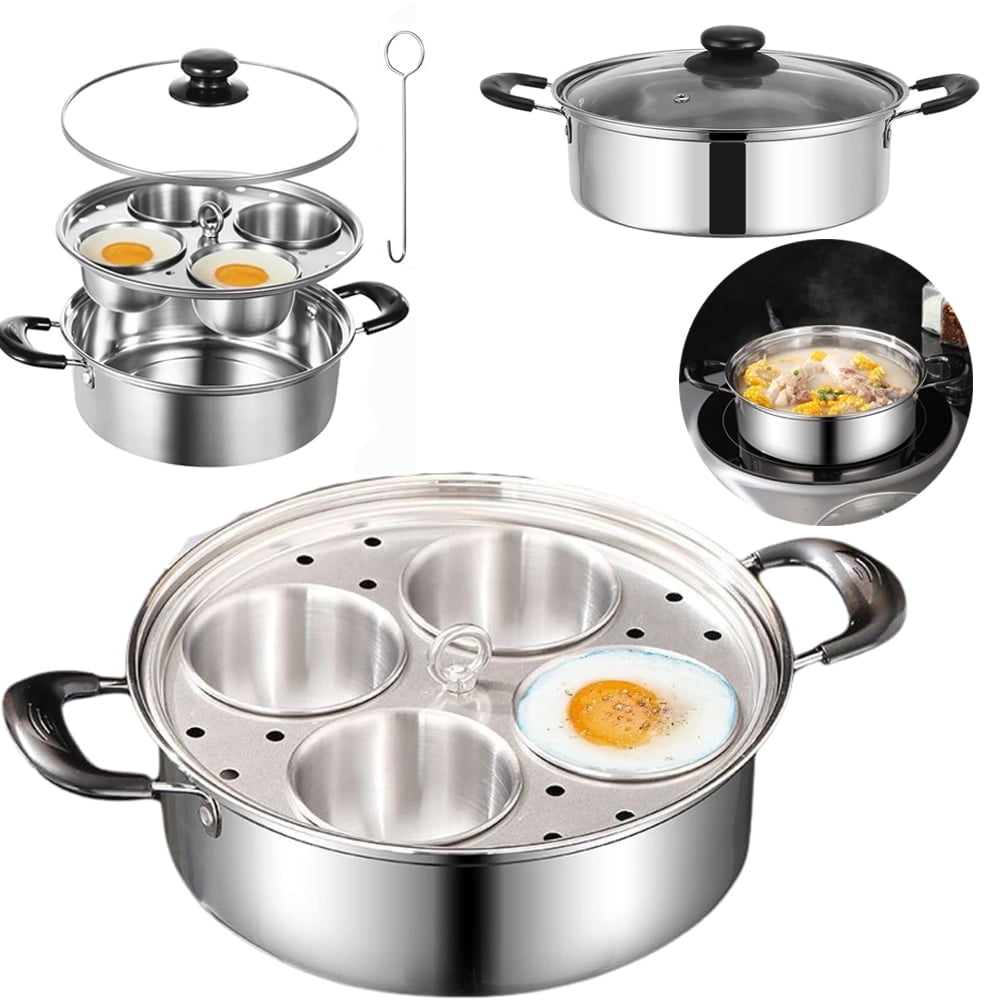 Egg Poacher Pan Nonstick 4 Eggs, Stainless Steel Poached Egg Maker Pot Egg Poaching Pan, Poached Egg Cooker Pot Multipurpose Stovetop Egg Poacher Pot for Multiple Stove Types