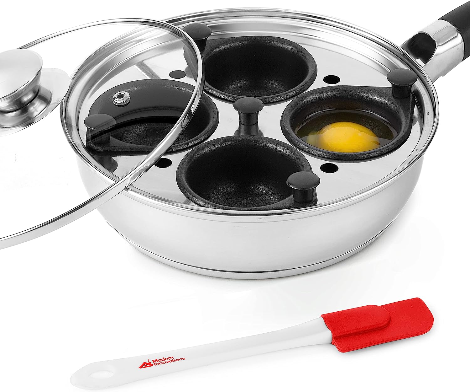 Egg Poacher Pan for Perfect Poached Eggs, Nonstick Cups Poached Egg Maker Pan, Stainless Steel Easy Egg Cooker, Poaching Eggs Benedict Maker, Silicone Spatula
