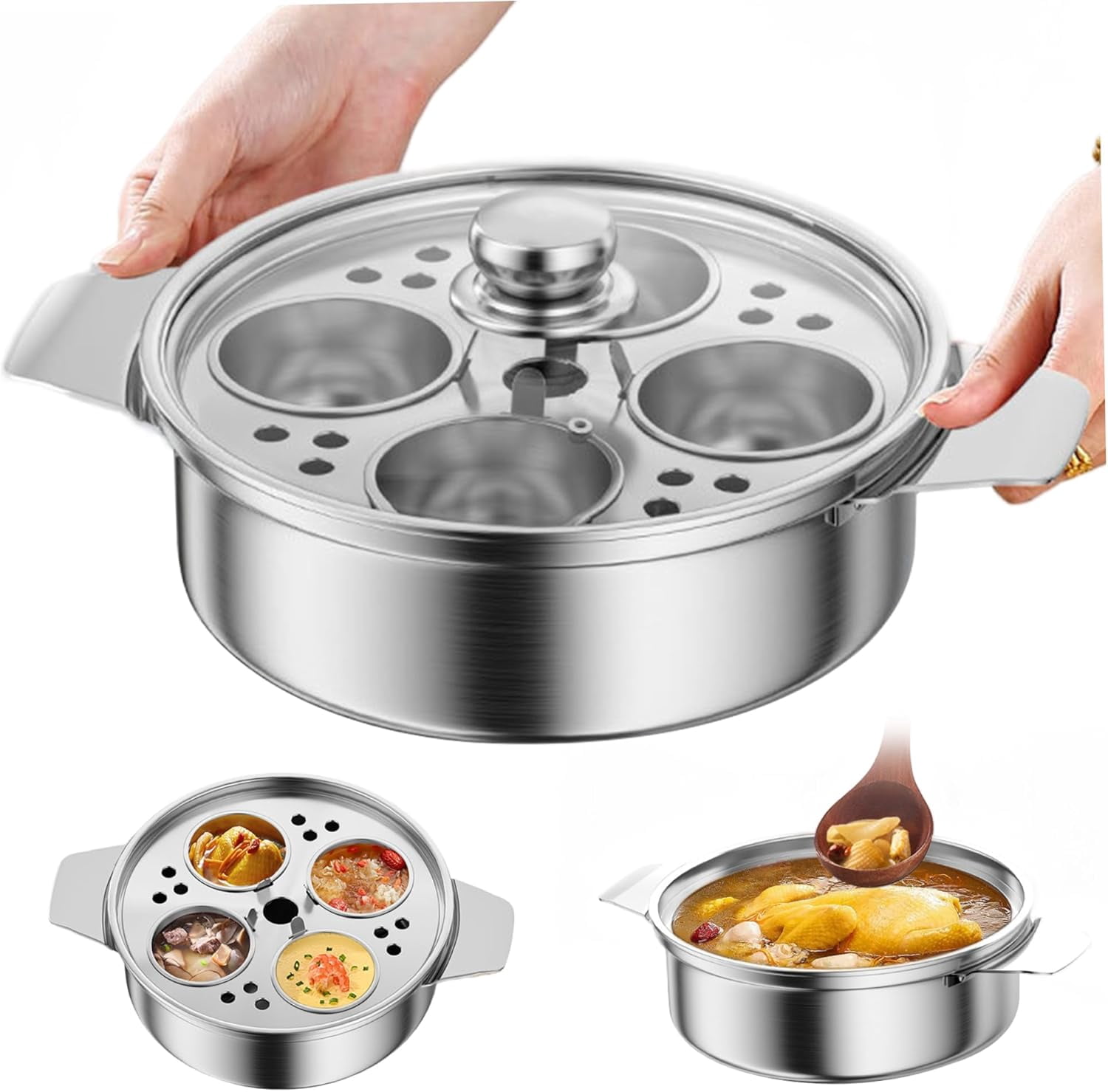 Egg Poacher ‎Stainless Steel Poached Egg Maker with 4 Cups, Nonstick Multipurpose Cooker Pot with Handle for Pots, Skillets and Pressure Cookers Poached Maker