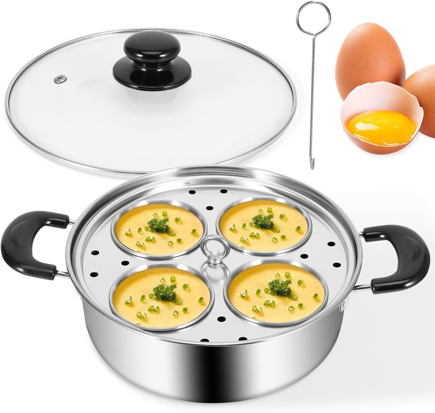 Egg Poacher, Stainless Steel Steamer with 4 Cups Poached Egg Maker, Induction Cooktop Steaming Pot for Steamed Eggs, Poached Eggs, Soups, Baby Supplements, Uncoated Non-Stick Pan