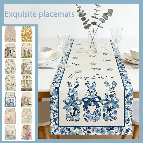 Egg Rabbit Bunny Happy Easter Table Runner, Spring Summer Seasonal Holiday Kitchen Dining Table Decoration for Indoor Outdoor Home Party Decor 13 x 74 Inch