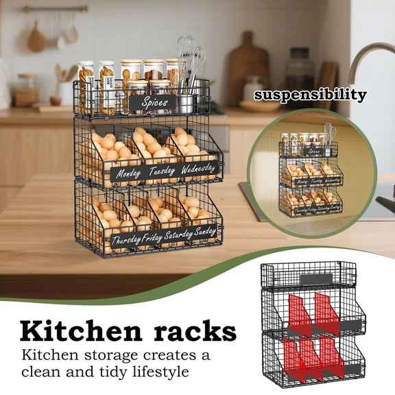 Egg Rack Countertop 3-Tier Stackable Wire Basket, Large Egg Holder Egg Organizer With Dividers Metal Egg Storage Basket For Fresh Eggs,Home Food Storage.