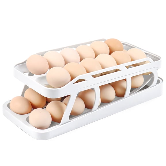 Egg Roller Dispenser, 2 Layer Egg Storage Container for Refrigerator, Transparent Auto Egg Rolling Box up to 28 Eggs, White