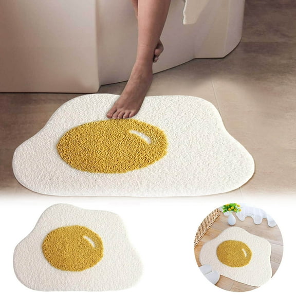 Egg Shape Bath Mat Non- Rug - 23x23 Inch Soft Fluffy Poached Egg Bathroom Rug, Absorbent Cute Floor Mat for Kitchen Bedroom