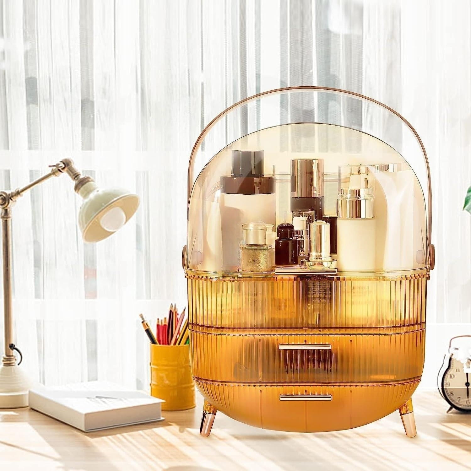 Egg Shape(Oval) Makeup Storage Box, Countertop Portable Vanity Cosmetics  Organizer Preppy Style (MBOX-01-Amber) 
