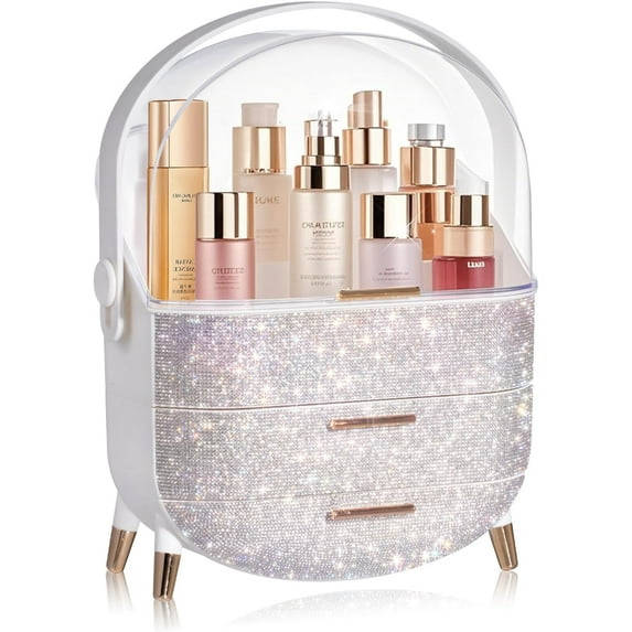 Egg Shape(Oval) Makeup Storage Box, Countertop Portable Vanity Cosmetics Organizer Preppy Style (Rhinestone White)