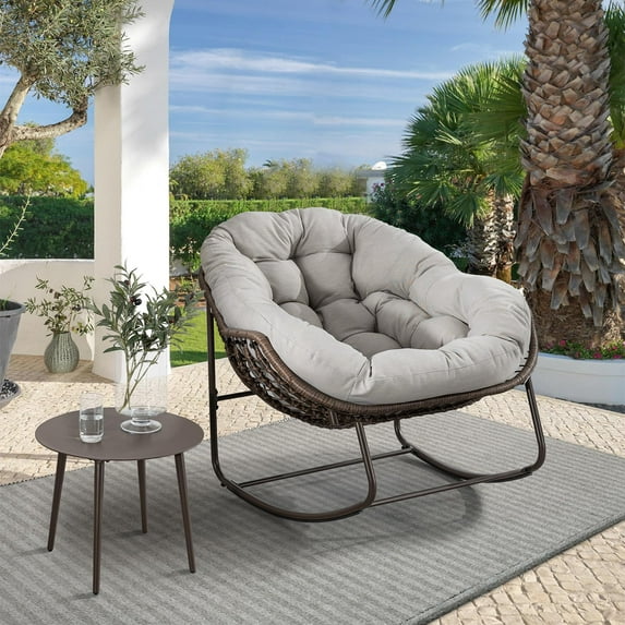 Egg Shape Wicker Rocking Chair Thick Cushion Modern Lounger for Balcony and Garden Comfy Rocking Chair for Indoor and Outdoor Relaxation