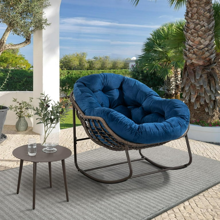 Egg Shape Wicker Rocking Chair Thick Cushion Modern Lounger for Balcony and Garden Comfy Rocking Chair for Indoor and Outdoor Relaxation
