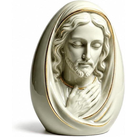 Egg-Shaped Ceramic Jesus Figurine, 5.9 Inch Religious Tabletop Statue with Gold Accents for Shelf, Mantel, Desk, Prayer Table Decor