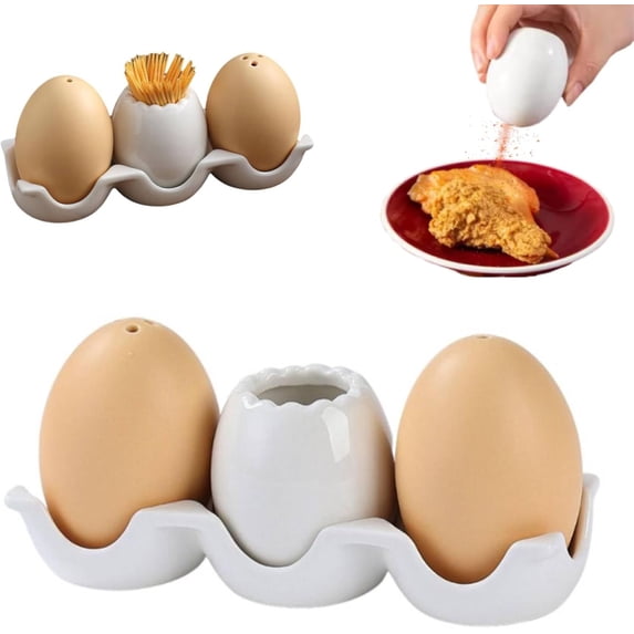 Egg Shaped Ceramic Spice Shaker Set with Stand, Mini Salt and Pepper Seasoning Dispenser with Tray, Novelty Brown Egg Shakers for Kitchen BBQ Restaurant Table Decor