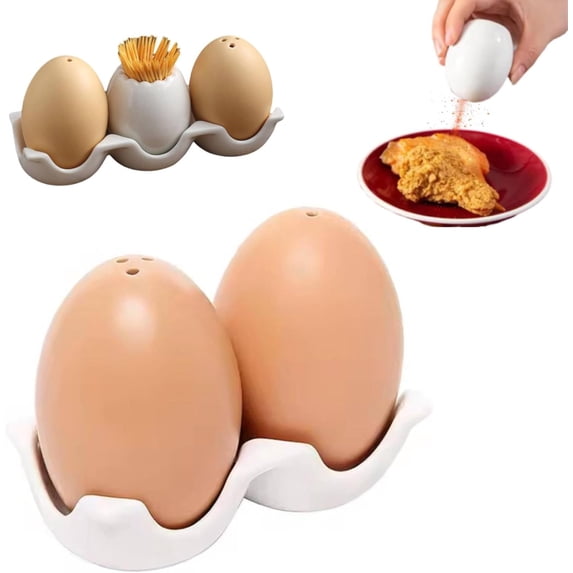 Egg Shaped Ceramic Spice Shaker Set with Stand, Mini Salt and Pepper Seasoning Dispenser with Tray, Novelty Brown Egg Shakers for Kitchen BBQ Restaurant Table Decor