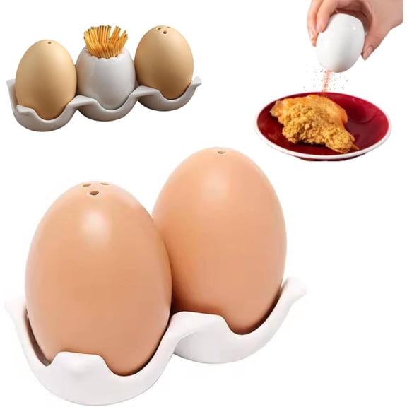 Egg Shaped Ceramic Spice Shaker Set with Stand, Mini Salt and Pepper Seasoning Dispenser with Tray, Novelty Brown Egg Shakers for Kitchen BBQ Restaurant Table Decor